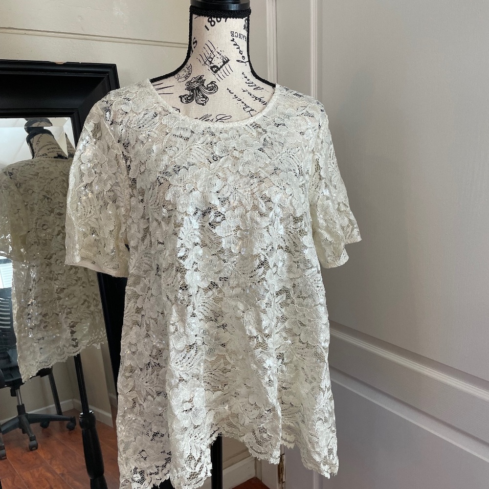 NWT Karen Kane Sequin Lace A-Line Cream Top. Size XL.